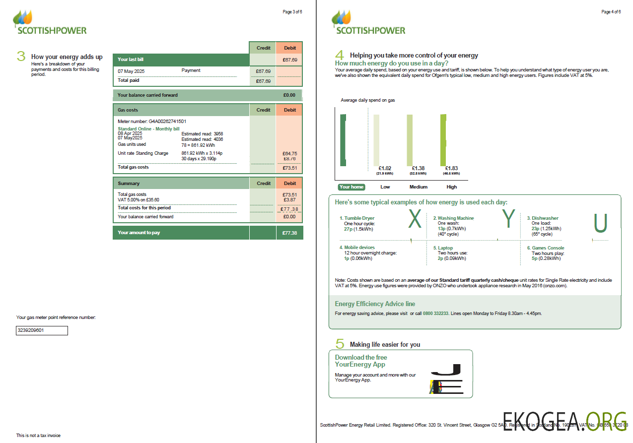 Scotland Scottish Power utility bill template in Word and PDF formats, 6 pages, 3 4 pages